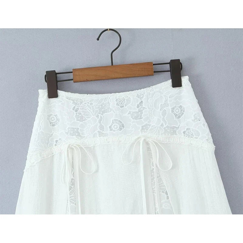 YENKYE New 2026 Lace Patchwork White Long Skirt Women High Waist A-line Holiday Summer Skirts