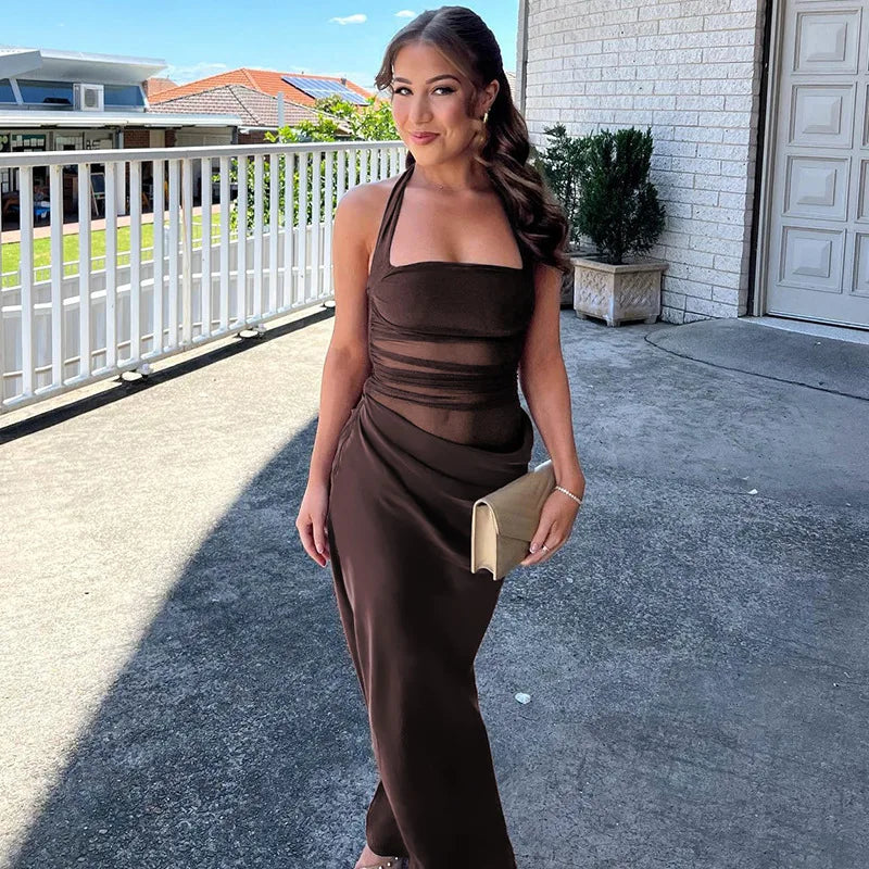 Cryptographic Elegant Halter Sexy Mesh Sheer Cut Out Maxi Dress Club Party Long Dresses Outfits Asymmetrical Ruched Gown Summer