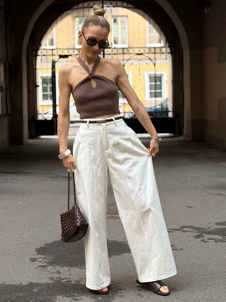 White Cotton Linen Pants Women Wide Leg Formal Trousers Summer Straight Leg Suit Pants High Waist Ladies Formal Pants Loose
