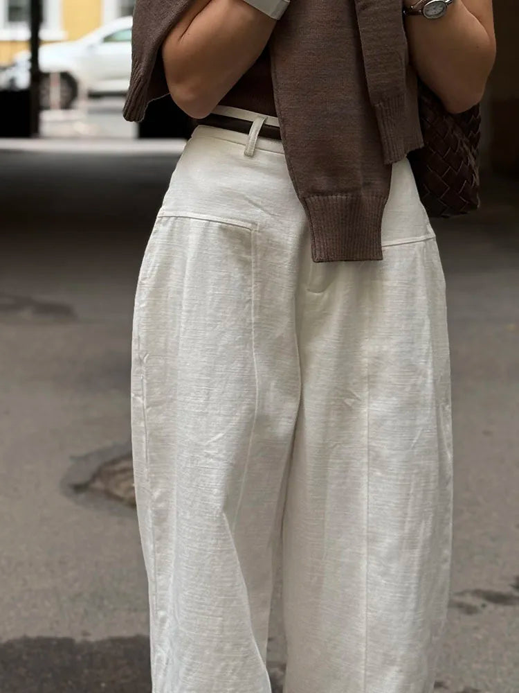 White Cotton Linen Pants Women Wide Leg Formal Trousers Summer Straight Leg Suit Pants High Waist Ladies Formal Pants Loose