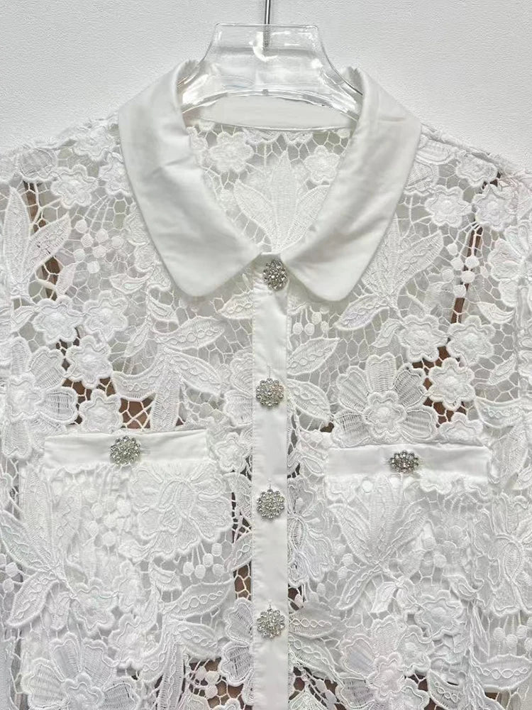 Fashion White Water-soluble Lace Fishtail Dress Women Elegant Temperament Turn-down Collar Slim Single-breasted Robe With Belt