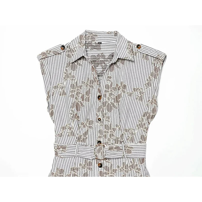 YENKYE 2026 Women Embroidery Striped Short Dress Sleeveless Front Button With Belt Shirt Dresses Office Casual Summer Vestidos