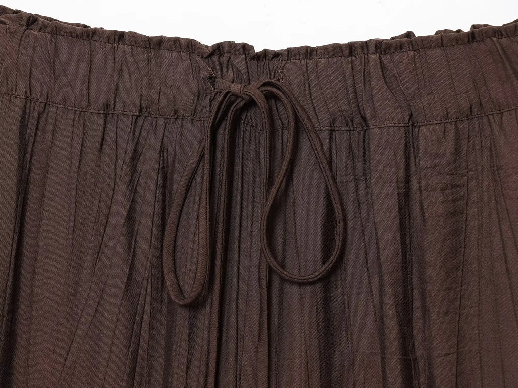 YENKYE Drawstring Elastic High Waist Brown Wide Leg Pants For Women Casual Loose Trousers pantalones de mujer