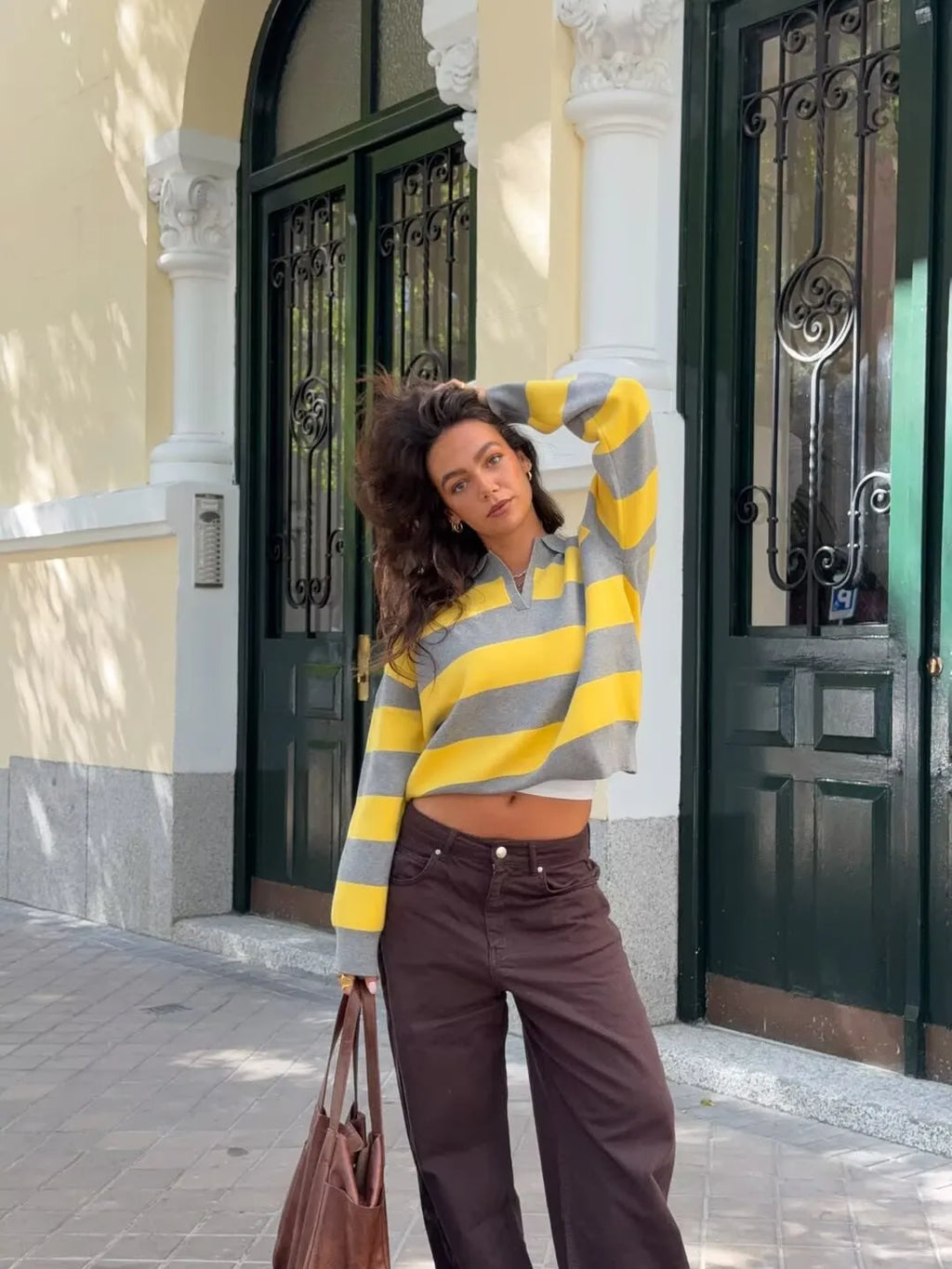 YENKYE 2025 Women Striped Knit Polo Neck Sweater Long Sleeve Casual Loose Autumn Pullover Tops