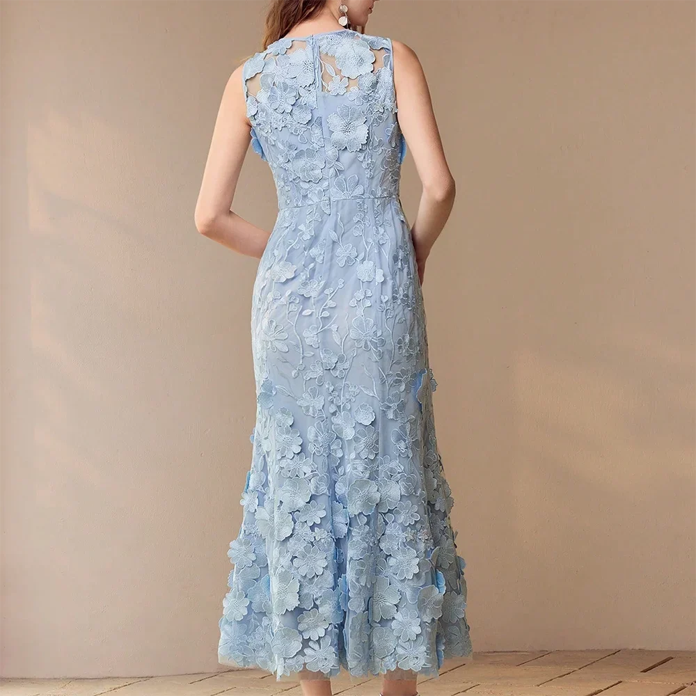 TWOTWINSTYLE Spliced Appliques Elegant Long Dresses for Women Round Neck Sleeveless High Waist Dress Female Fashion Style New