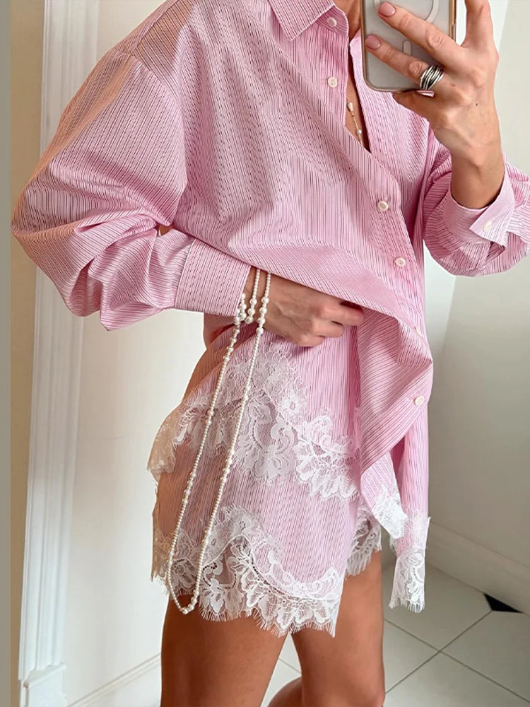 Beach Shirts Shorts Outfits Women Lapel Single Breasted Long Sleeves Lace Patchwork Sets Female 2026 Spring Summer Holiday Sets