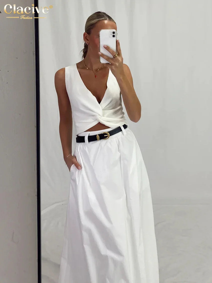 Clacive Fashion Loose White Cotton Women's Skirt 2025 Casual High Waist Long Skirts Elegant Classic Solid Skirt Female Clothing