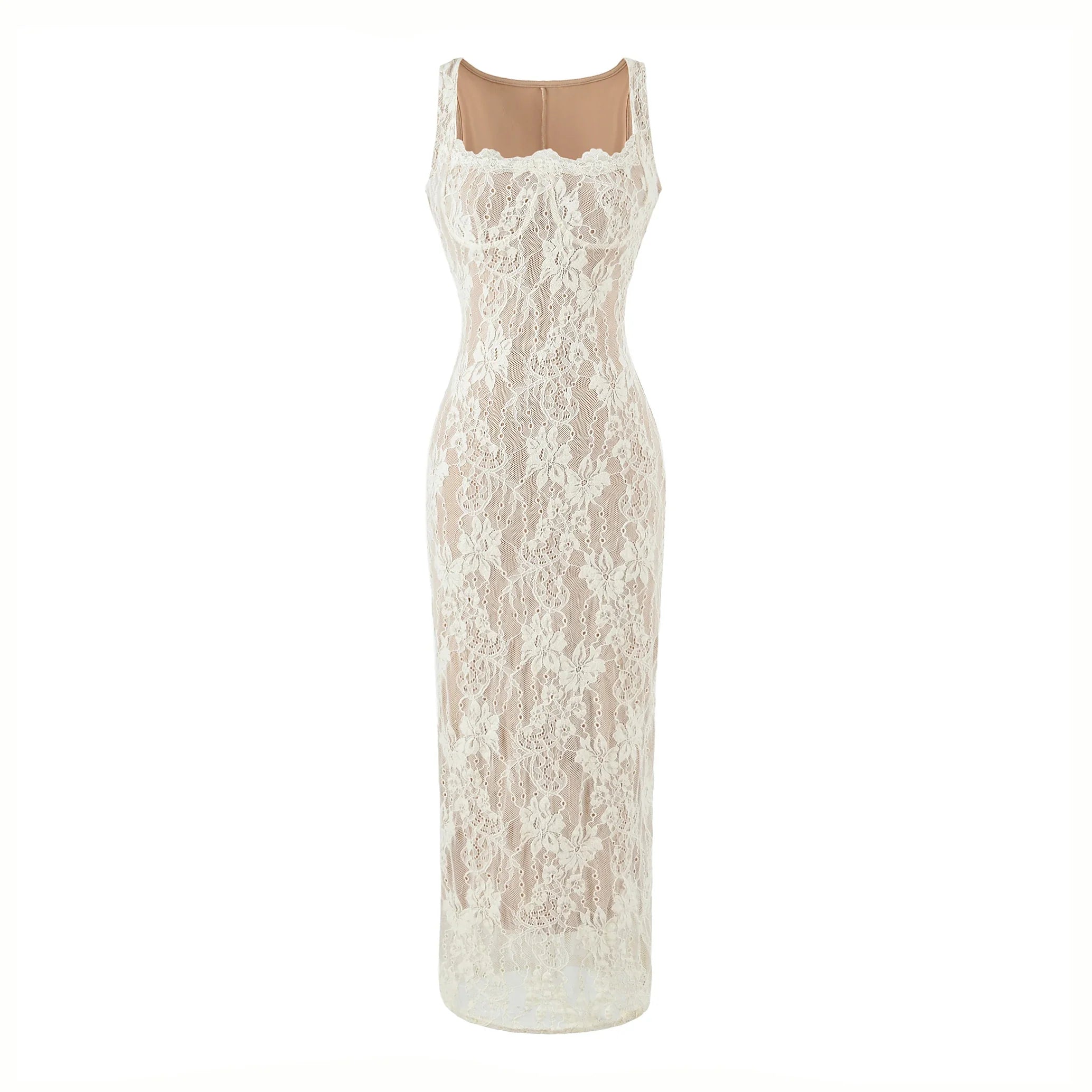 Women Sexy See Through Lace With Lining Sleeveless Dress Square Collar Bra Chest Package Hips Back Slit Long Dresses Robe