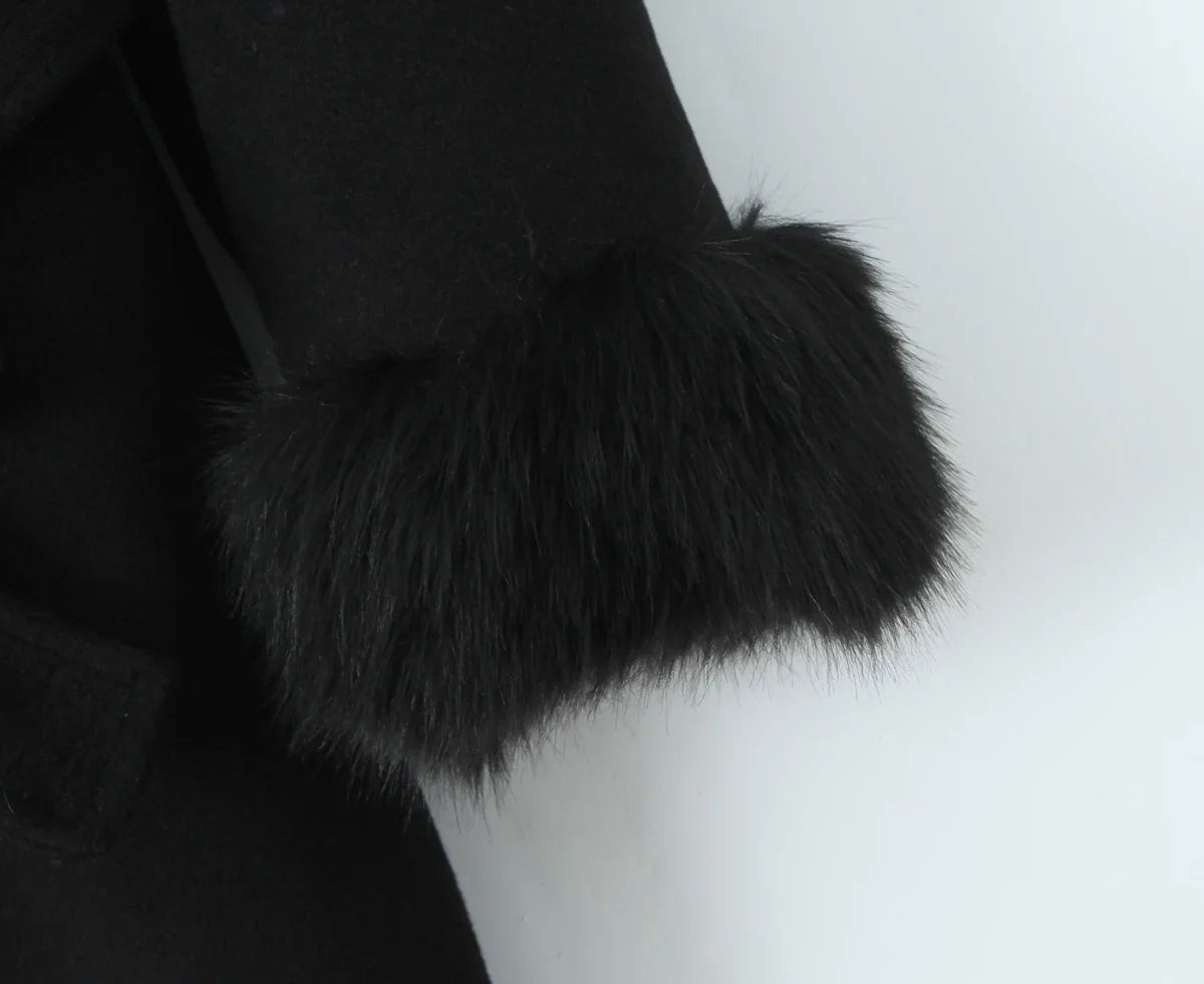 New Autumn Winter Black Shaggy Faux Fur Lapel Collar Woolen Coat Women Bow Sashes Long Sleeve No Button Midi Trench Outerwear