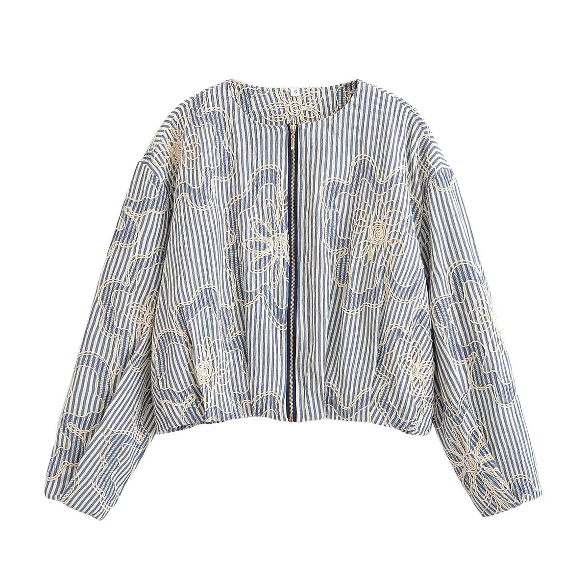 YENKYE 2025 Women O Neck Long Sleeve Embroidery Jacket Front Zipper Loose Crop Bomber Outerwear Lady Commuting Casual Outfits