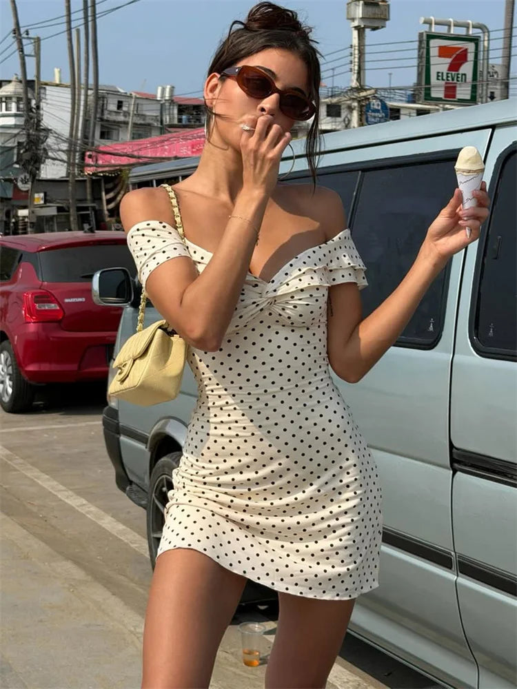 Tossy Fashion Summer Bandeau Dress Women Backless Printed Slim Commute Elegant Twist Party Dress Female Off-Shoulder Mini Dress