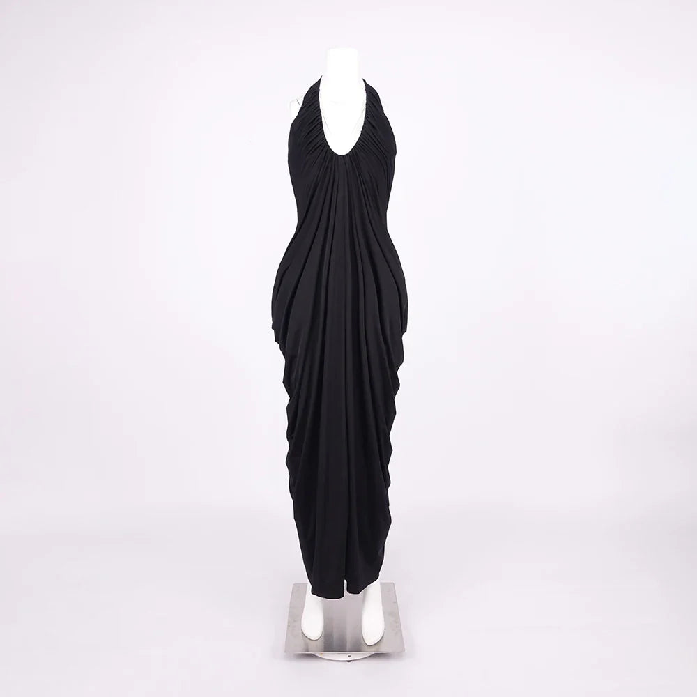 VC Black Halter Neck Backless Maxi Dress Women Deep V Neck Draped Elegant Evening Party Long Dress Summer Beach Gown Vestido