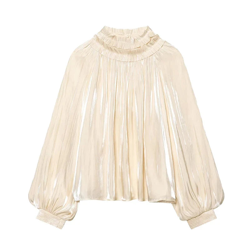 YENKYE 2026  Women's Fashion Shiny Satin Blouse  High Neck Long Sleeve Ruffled Loose Top For Daily Wear