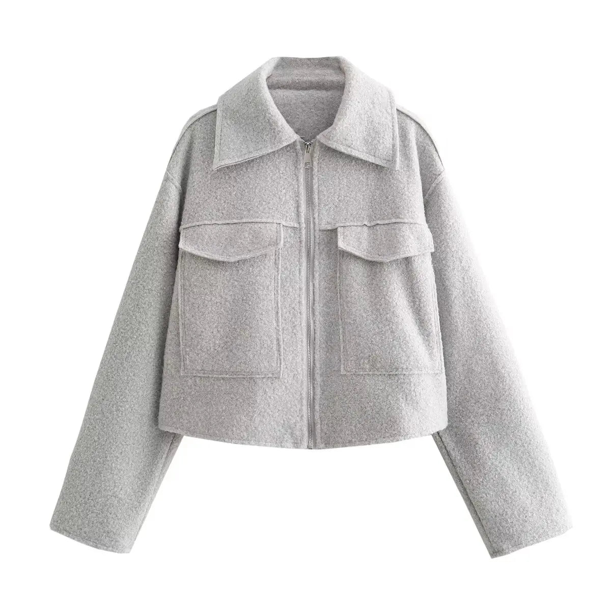2024 Women's Elegant Solid Coat Zipper Long Sleeve Pocket Bomber Jacket Female Casual Soft Woolen Loose Streetwear Coats