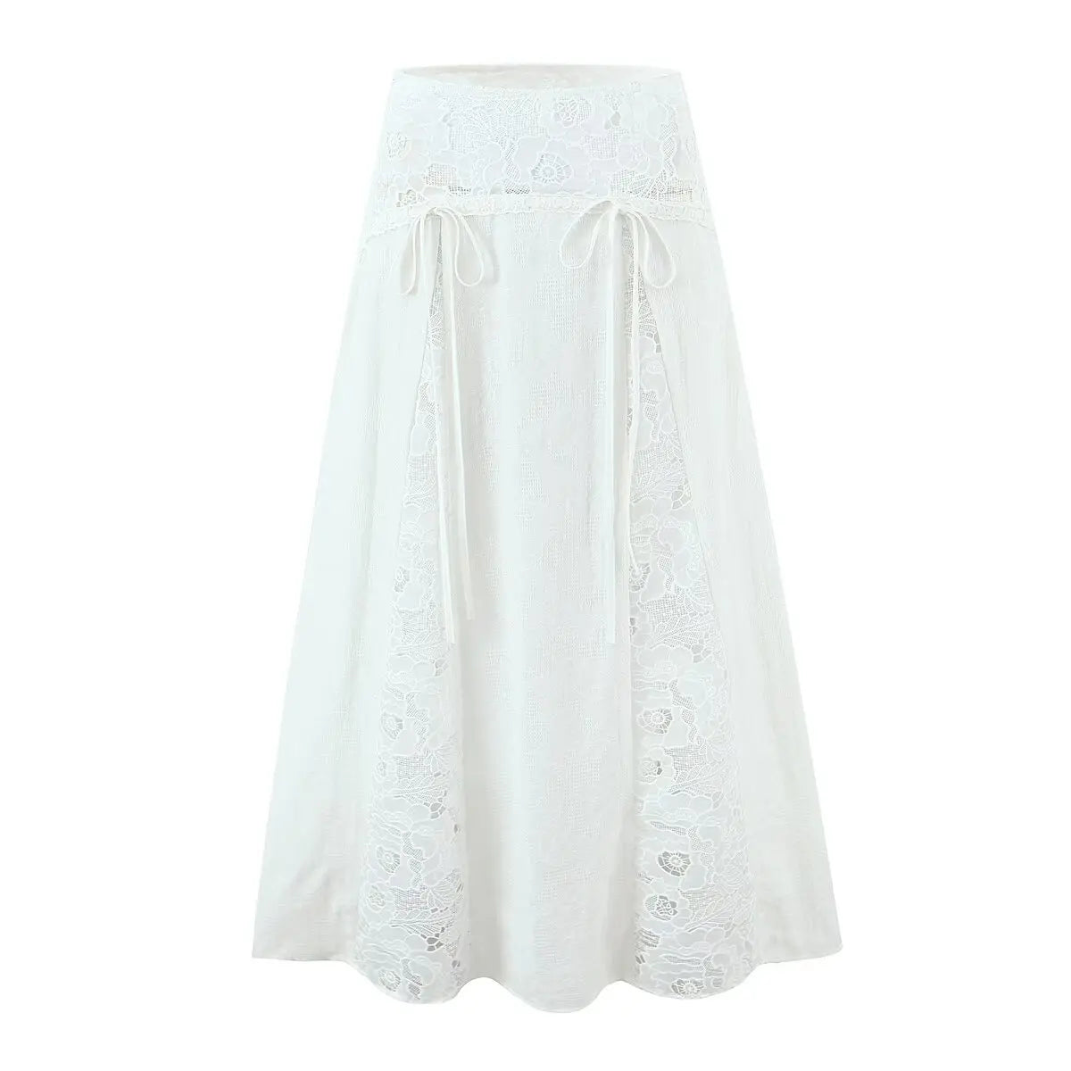 YENKYE New 2026 Lace Patchwork White Long Skirt Women High Waist A-line Holiday Summer Skirts