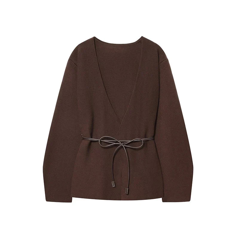 YENKYE 2025 Women With Belt Elegant Knitted Cardigan Cross V Neck Long Sleeve Commute Autumn Outerwear