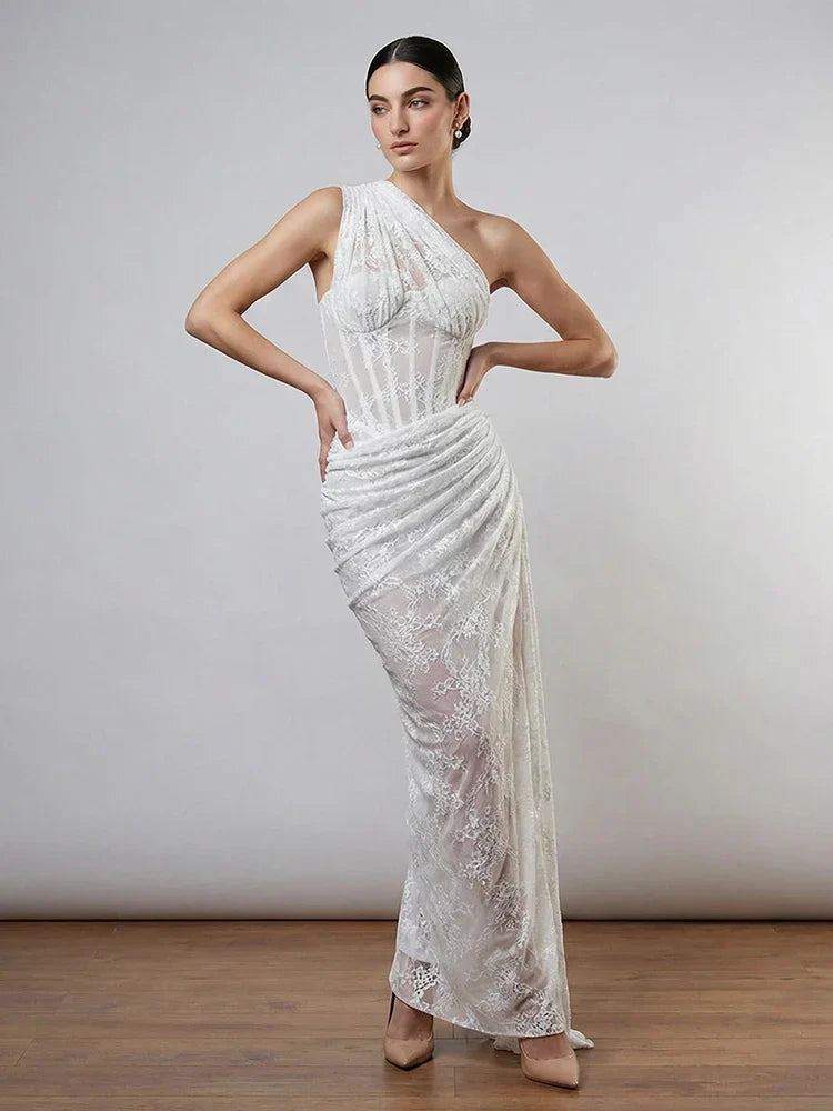 VC 2026 Yellow One Shoulder Corset Lace Maxi Dress For Women Side Ruched High Slit Wedding Guest Bridesmaid Formal Dress