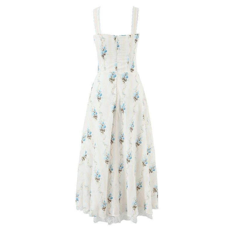 YENKYE New Fashion Women A-line Midi Elegant Party Dresses Sexy Wide Straps Lace Spliced Holiday Summer Floral Print Dress 2025