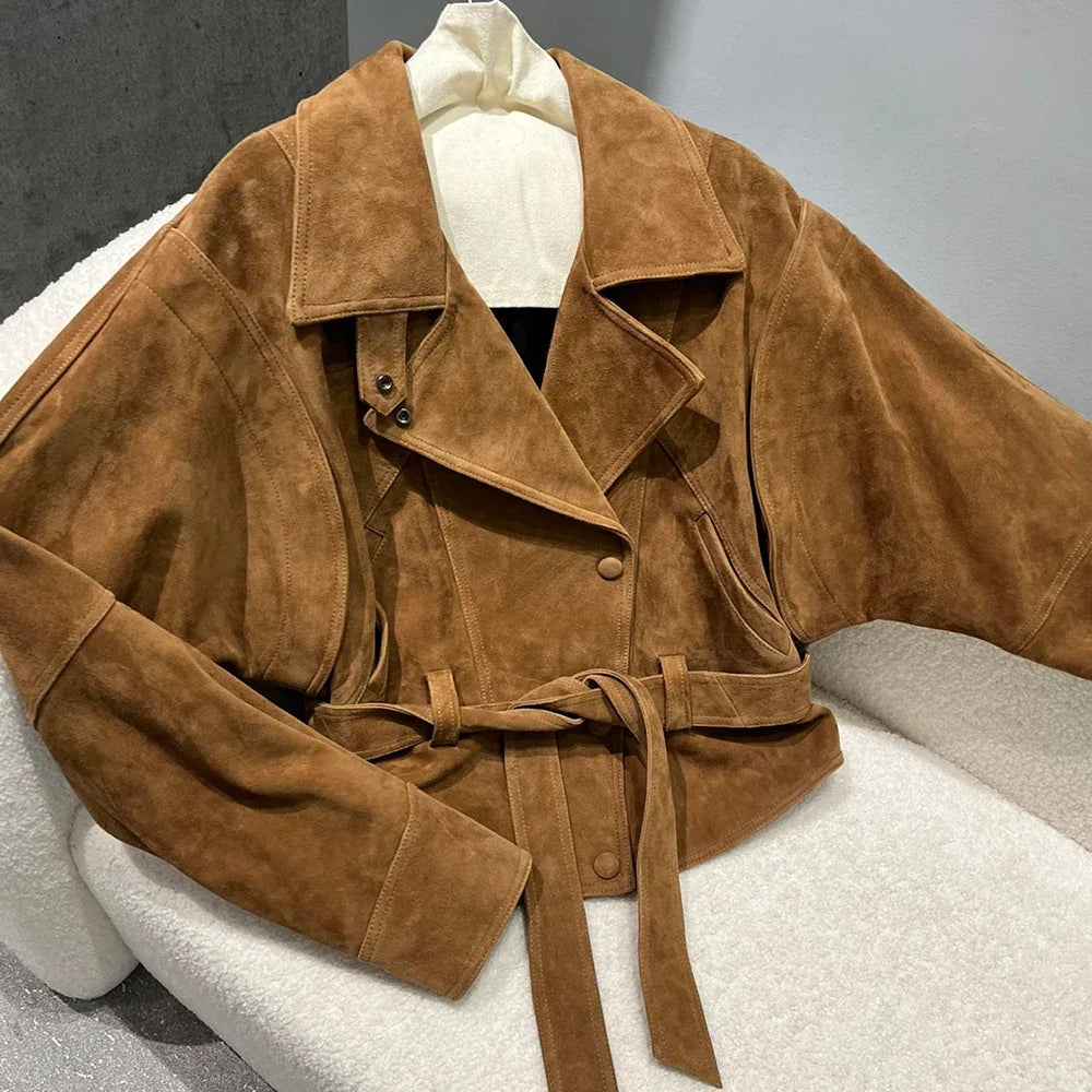 YOLOAgain Single Breasted Vintage Suede Jacket Women With Belt Oversized Real Leather Jacket Female
