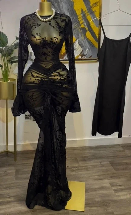 CM.YAYA Women Long Sleeve Stacked Mesh See Though with Lining Bodycon Long Dress 2025 Autumn Evening Birthday Sexy Party Dresses