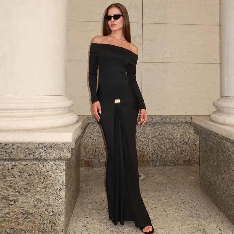Cryptographic Elegant Off Shoulder Ruched Maxi Dress Women Party Club Outfits Autumn Long Sleeve Bodycon Dresses Gown Clothes