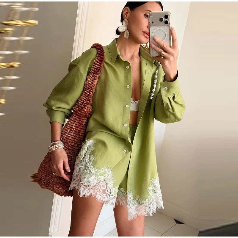 Beach Shirts Shorts Outfits Women Lapel Single Breasted Long Sleeves Lace Patchwork Sets Female 2026 Spring Summer Holiday Sets