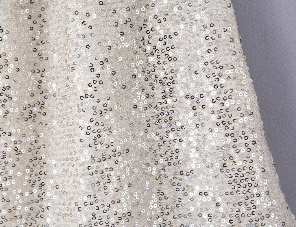 2026 Summer Women White Spliced Silver Sequins Mini Skirt Package Hips 2 Layers Rope Hem Short Skirts Femme Bottom