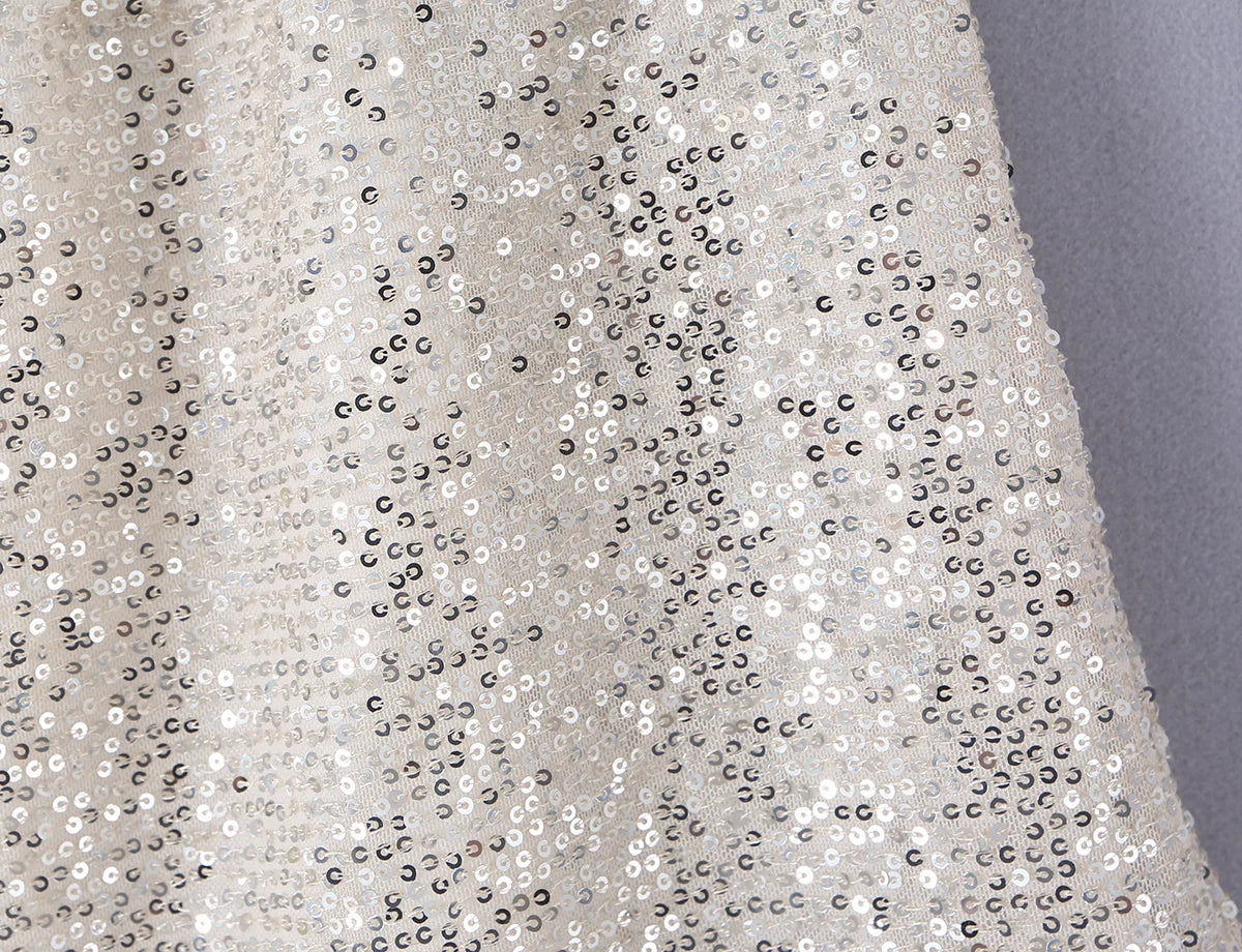 2026 Summer Women White Spliced Silver Sequins Mini Skirt Package Hips 2 Layers Rope Hem Short Skirts Femme Bottom
