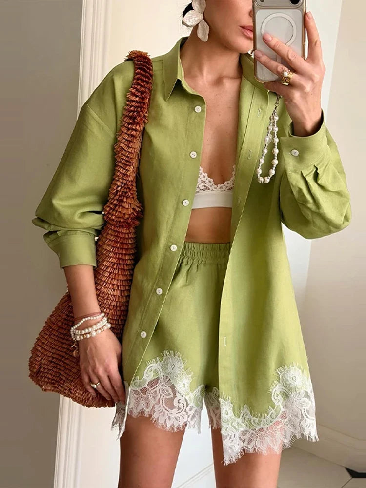 Beach Shirts Shorts Outfits Women Lapel Single Breasted Long Sleeves Lace Patchwork Sets Female 2026 Spring Summer Holiday Sets