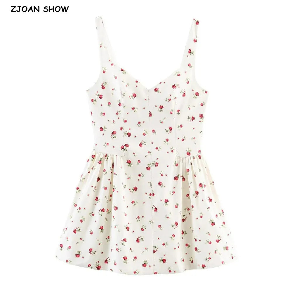 Sexy Beige With Red Floral Print V Collar Sling Mini Dress Women Backless Low Waist Ruched Swing Dresses Femme Vestidos Robe