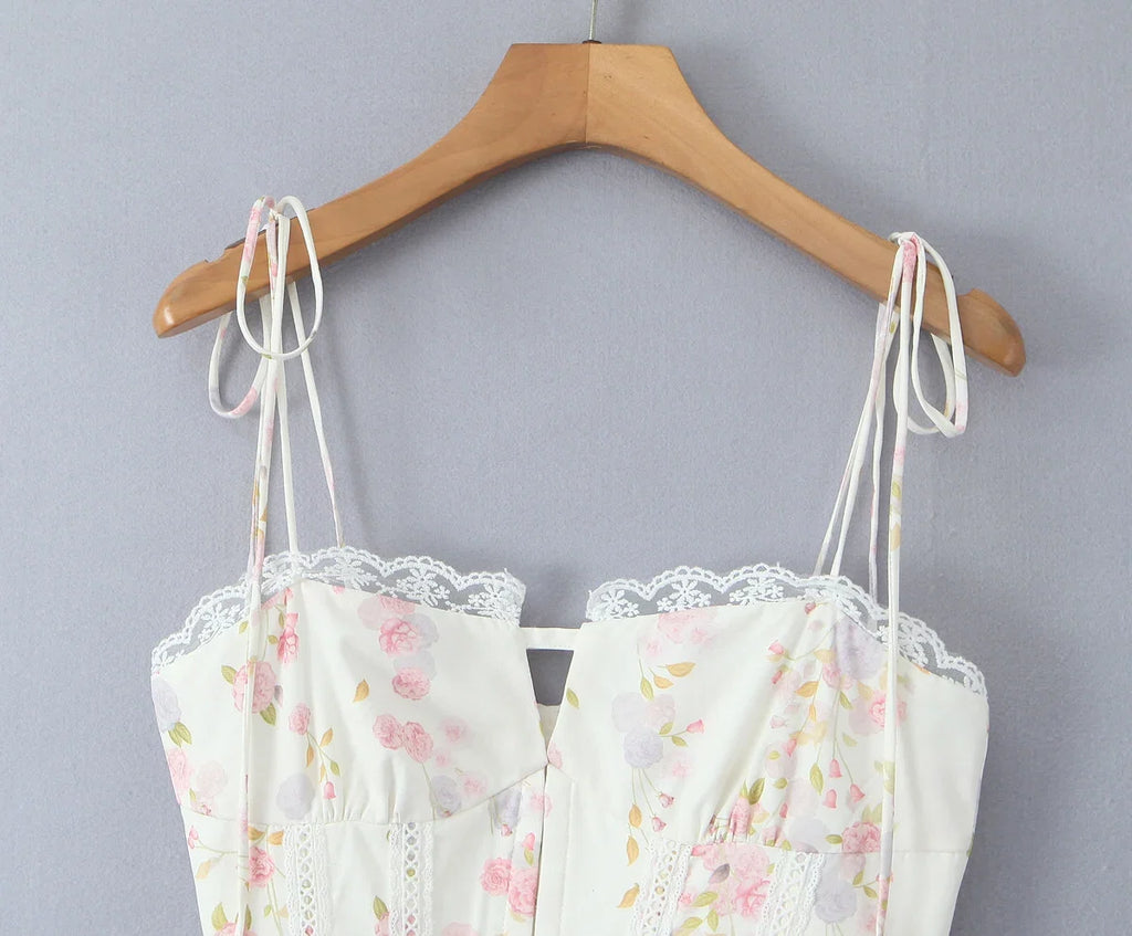 2025 Sexy Floral Print Spliced Lace Collar Corset style Lacing up Sling Dress Women Wood ears Low Waist Swing Mini Dresses Robe