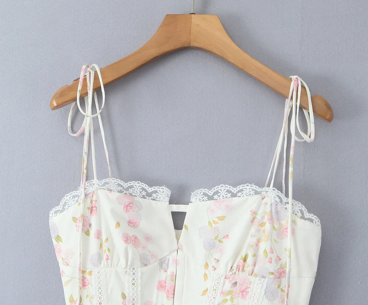2025 Sexy Floral Print Spliced Lace Collar Corset style Lacing up Sling Dress Women Wood ears Low Waist Swing Mini Dresses Robe