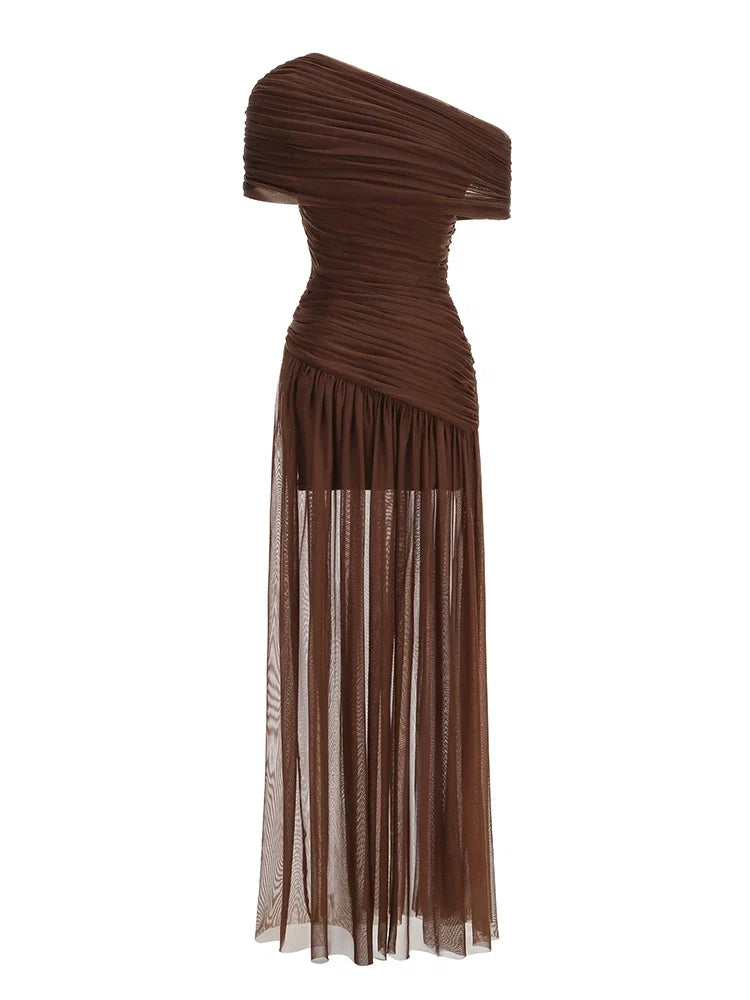Sexy One Shoulder Ruched Design Long Dress Women Blue Brown Mesh Diagonal Collar Folds Slim Dresses Evening Party Cocktail Gowns