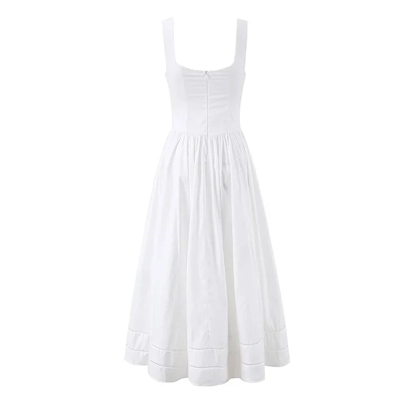 YENKYE Summer 2026 Women White Corset Midi Dress Square Neck Lace Trim Sleeveless A-Line Elegant Vacation Party Sundress Cotton