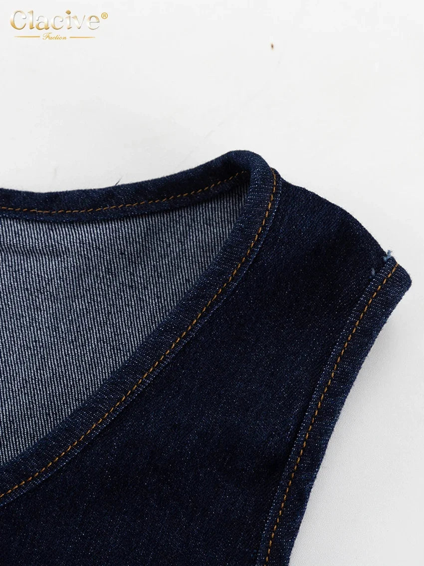 Clacive Summer Loose Blue Denim 2 Piece Sets Women Outfit 2025 Fashion Sleeveless Tank Top With High Waist Shorts Set Streetwear
