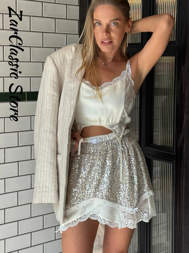 Sexy Sequin Mini Skirt Set Lace Spliced Sleeveless Strap Top Summer Women's Suit Lady New Street Party Beach Outfits 2026
