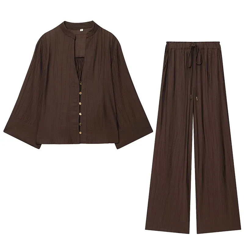 YENKYE Drawstring Elastic High Waist Brown Wide Leg Pants For Women Casual Loose Trousers pantalones de mujer