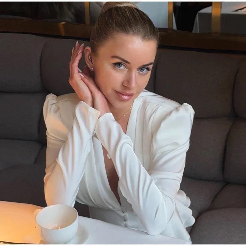 Fashion Street Ruffle Women's Blouse Solid Single Breasted Full Sleeve Pleated Cropped Shirt Lady New Casual Spring Clothing