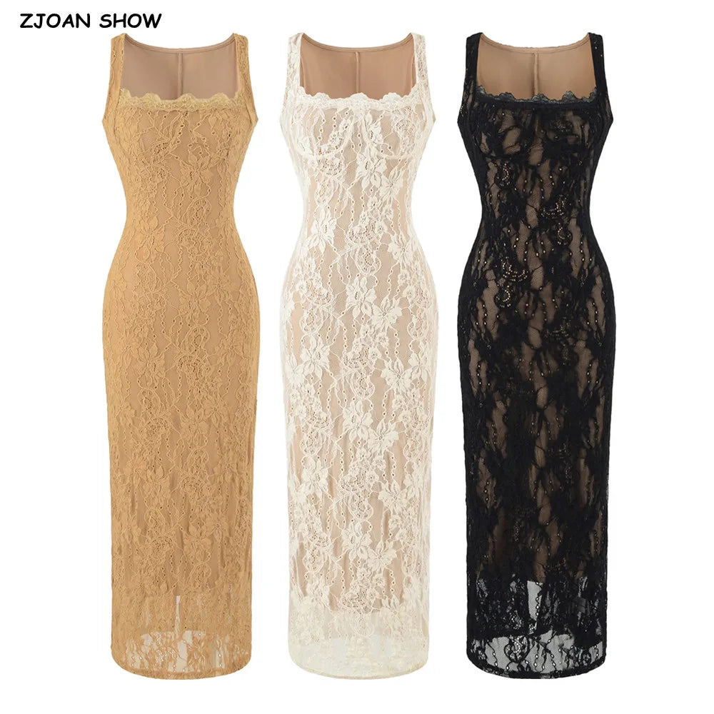 Women Sexy See Through Lace With Lining Sleeveless Dress Square Collar Bra Chest Package Hips Back Slit Long Dresses Robe