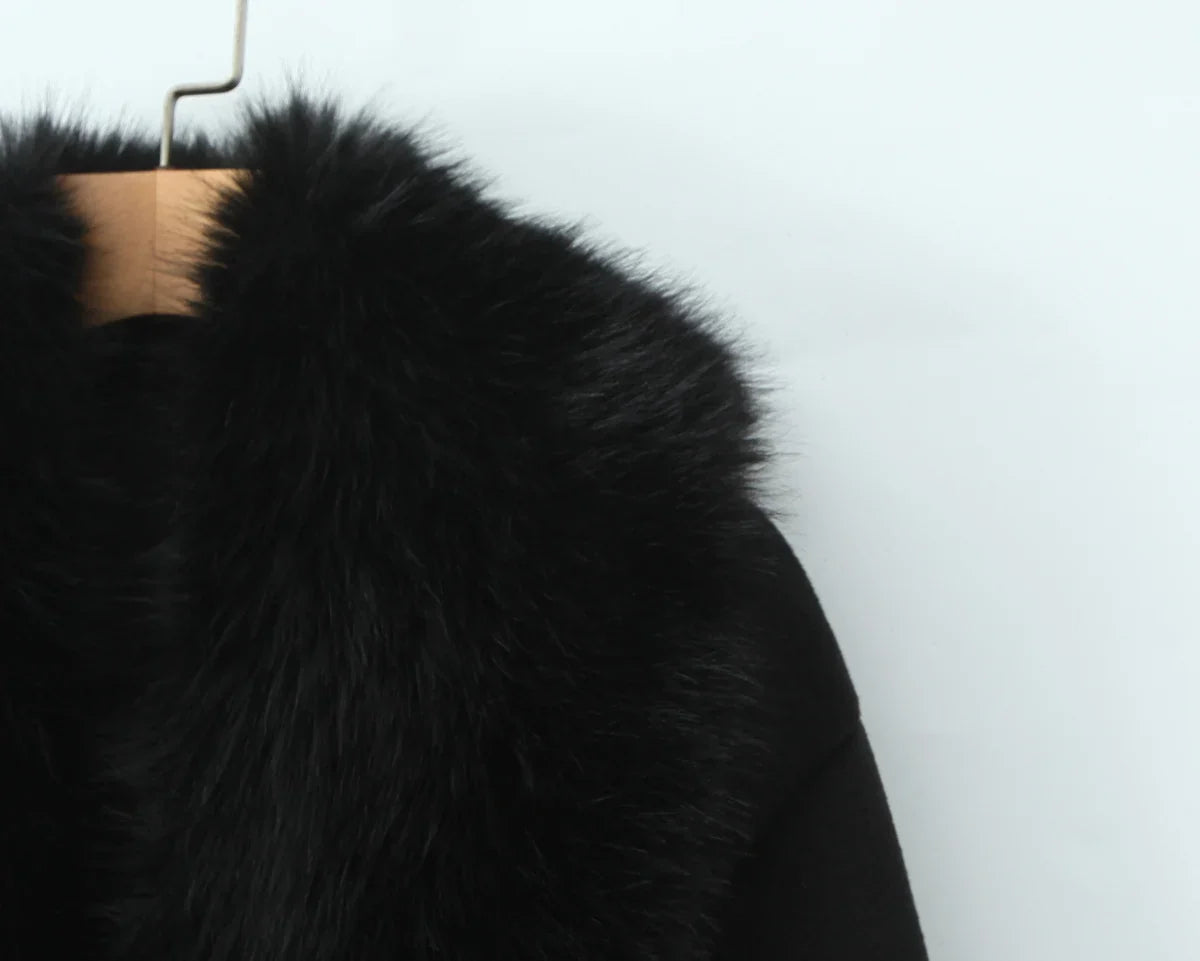 New Autumn Winter Black Shaggy Faux Fur Lapel Collar Woolen Coat Women Bow Sashes Long Sleeve No Button Midi Trench Outerwear