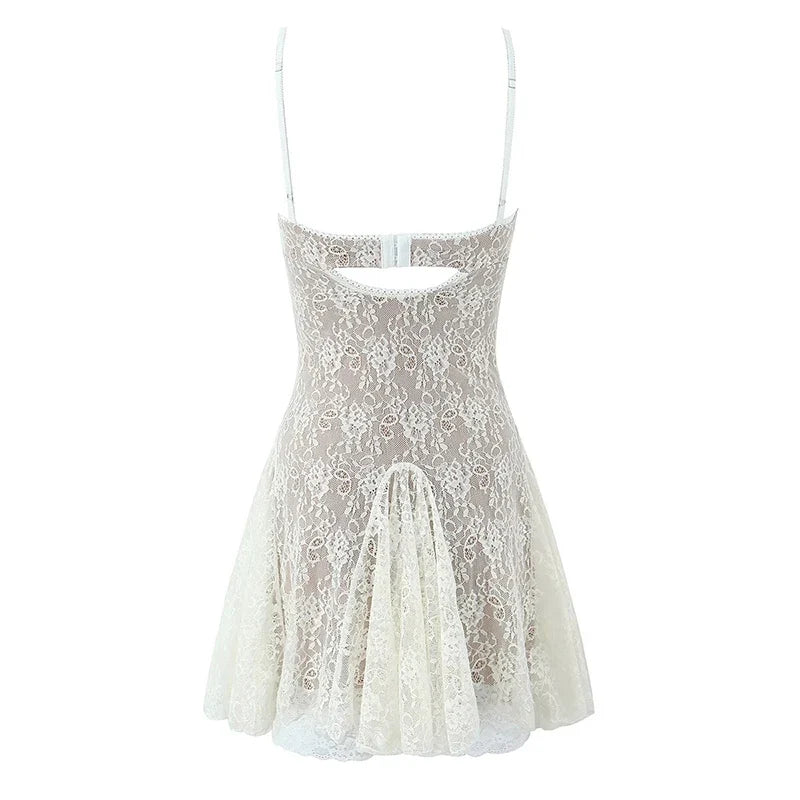 YENKYE New Fashion Women Spaghetti Straps Lace Sexy Dresses Black Beige Backless Hollow Out A-line Mini Dress Night Out Robe