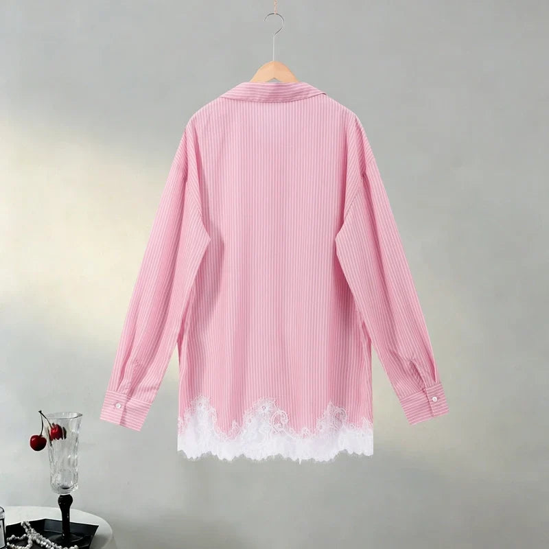 Beach Shirts Shorts Outfits Women Lapel Single Breasted Long Sleeves Lace Patchwork Sets Female 2026 Spring Summer Holiday Sets