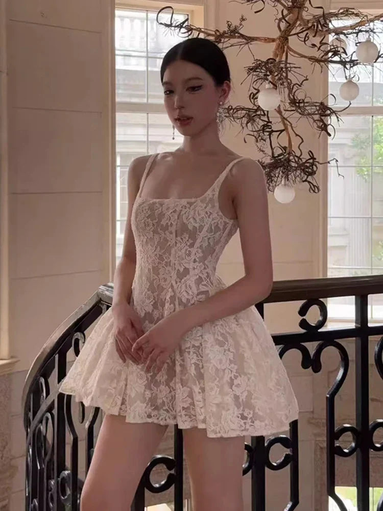 REDDACHiC Medieval Retro Women's Mini Dress Lace Floral Tank Square Neck Puffy Desire One-piece Graduation Party Summer Clothes