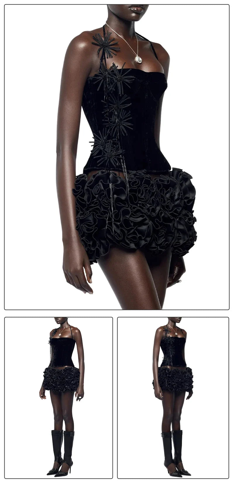 VC Structured Flowers Skirt Two Piece Set Halter Floral Black Red Corset Top With Mini Skirt Lace-up Suit Celebrity Party Wear