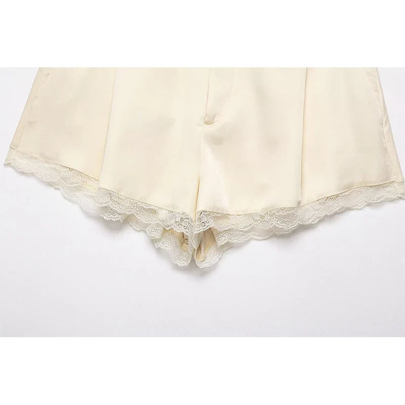 YENKYE Trendy Satin Lace Trim Shorts for Women 2026 High Waist Loose Fit Summer Shorts Fashion Bottoms
