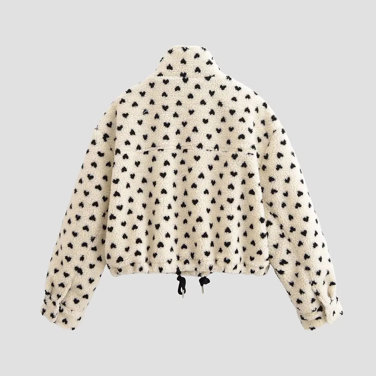 New Women Cute Heart Print Teddy Fleece Jacket Zipper Ladies Long Sleeve Winter Warm Coat