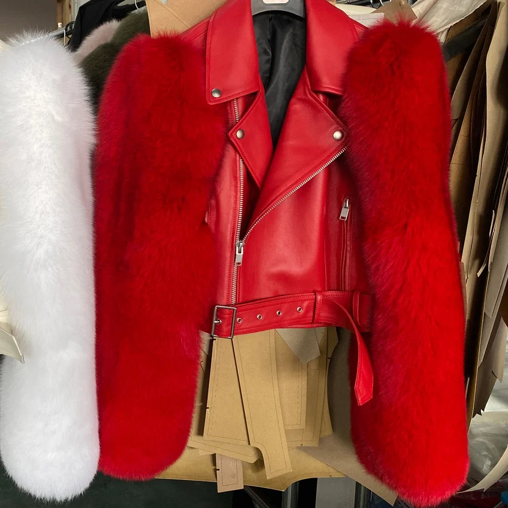 Women Leather Jacket Fur Sleeve Lady Jackets Leather Fur Fox Sleeve Ladies Biker Jacket Leather with Real Fur Sleeve 952-36