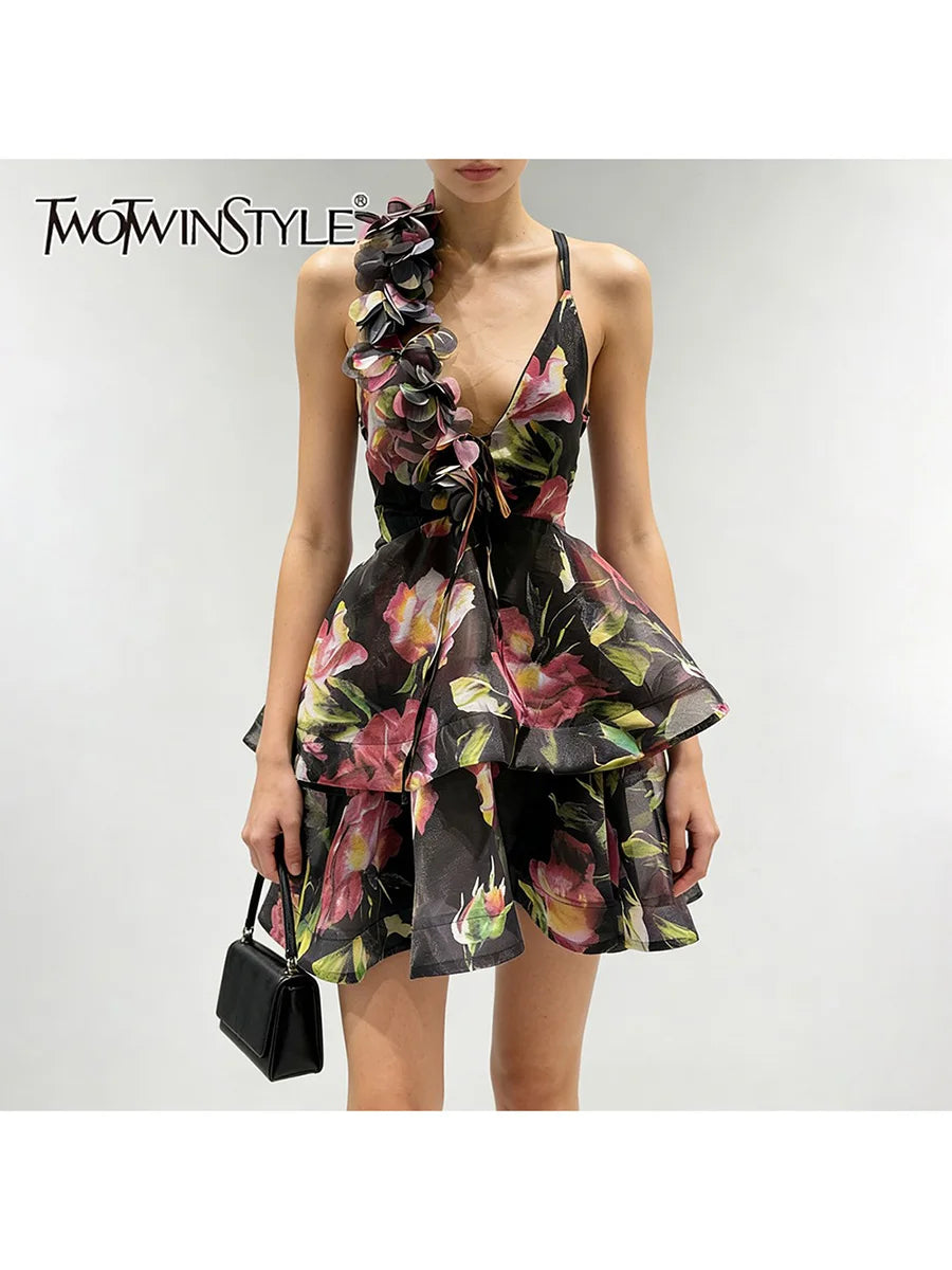 TWOTWINSTYLE Printing Spliced 3D Flower Sexy Dresses for Women V Neck Sleeveless Backless Patchwork Ruffles Fashion Dress Female