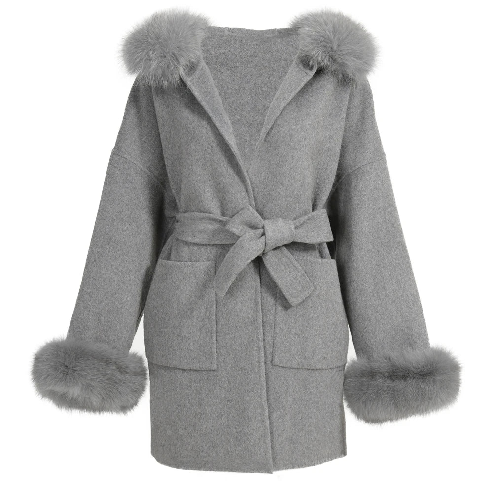 Jaxmonoy Women's Wool & Blends Coat With Real Fox Fur Ladies Autumn Winter Fashion Warm Loose Jacket with Hooded New in Outwear
