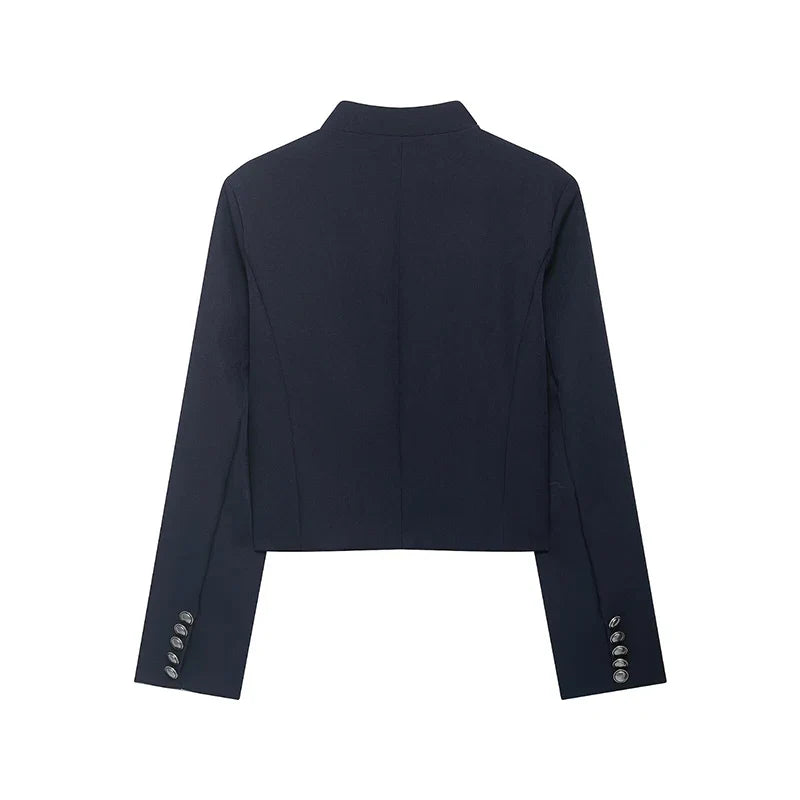 YENKYE 2026 New Women's Navy Blue Single Breasted Crop Jacket Long Sleeve Vintage Casual Coat For Daily Office